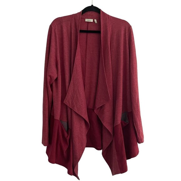 LOGO by Lori Goldstein Sweaters - LOGO Lounge Womens Cardigan Large Red Open Front Pockets Waterfall Front
